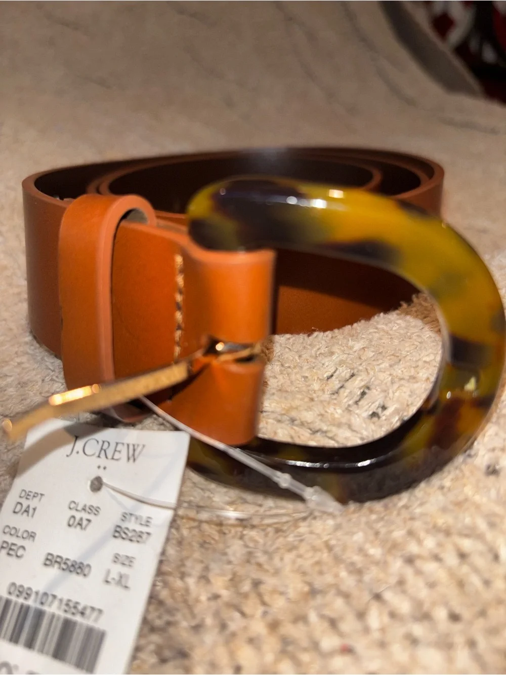 J.Crew Brown Leather Tortoise Shell Buckle Belt L-XL NWT - Picture 2 of 6
